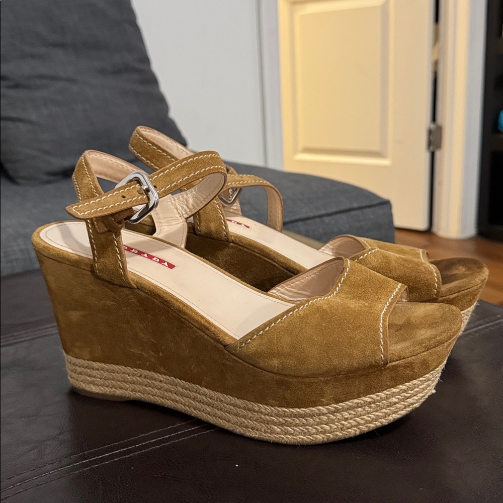 PRADA Tan Suede Wedge Sandals SZ 41